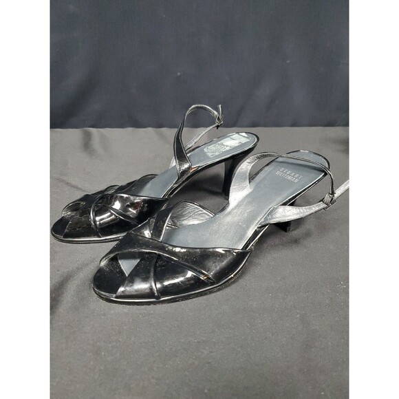 Stuart Weitzman Black Patent Leather Sling Back Heels Peep Toe Shoes Size 10 - Picture 1 of 7